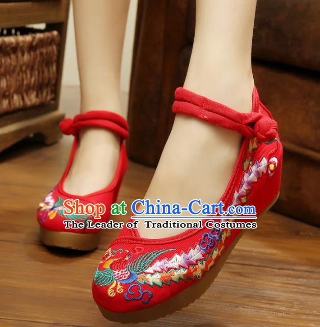 Asian Chinese National Red Embroidered Shoes, Traditional China Princess Shoes Hanfu Embroidery Phoenix Shoes for Women