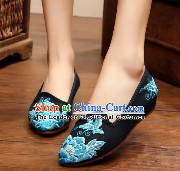 Traditional Chinese National Embroidered Shoes, China Princess Shoes Hanfu Embroidery Peony Black Shoes for Women