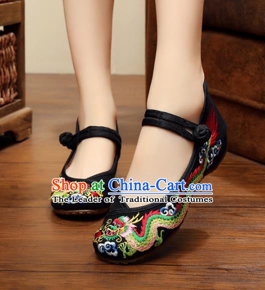 Traditional Chinese National Black Satin Embroidered Lotus Shoes, China Princess Shoes Hanfu Embroidery Dragons Shoes for Women
