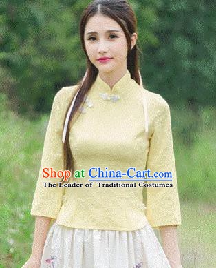 Traditional Chinese National Costume Hanfu Plated Buttons Yellow Blouse, China Tang Suit Cheongsam Upper Outer Garment Shirt for Women