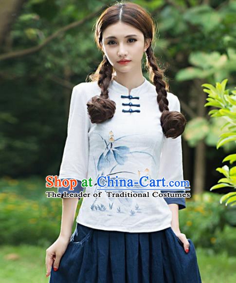 Traditional Chinese National Costume Hanfu Paiting Lotus White Blouse, China Tang Suit Cheongsam Upper Outer Garment Shirt for Women
