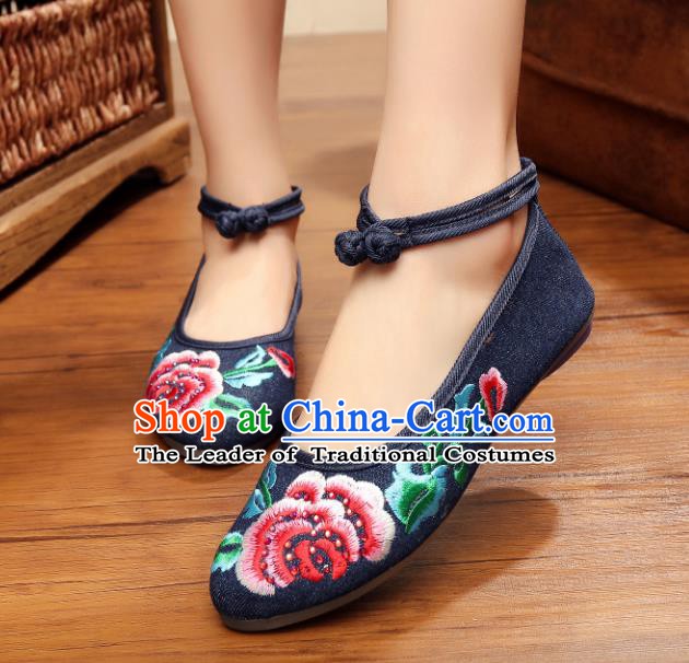 Traditional Chinese National Embroidered Peony Navy Shoes, China Princess Embroidery Shoes for Women