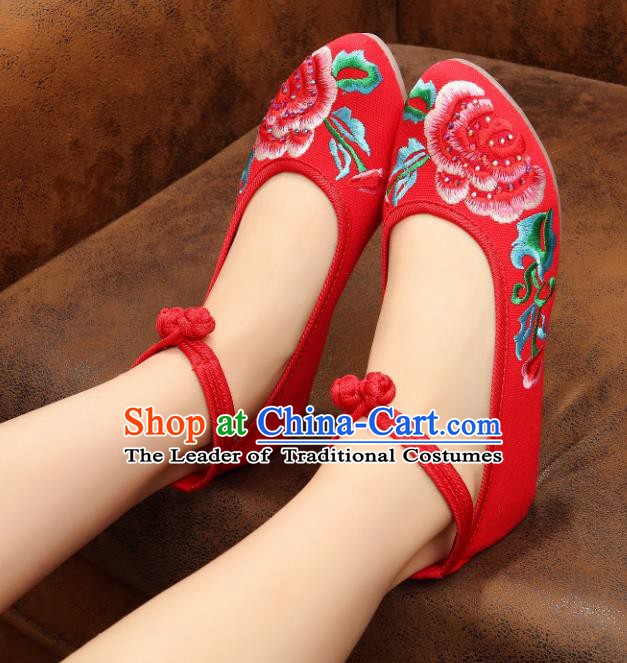 Traditional Chinese National Embroidered Peony Red Shoes, China Princess Embroidery Shoes for Women