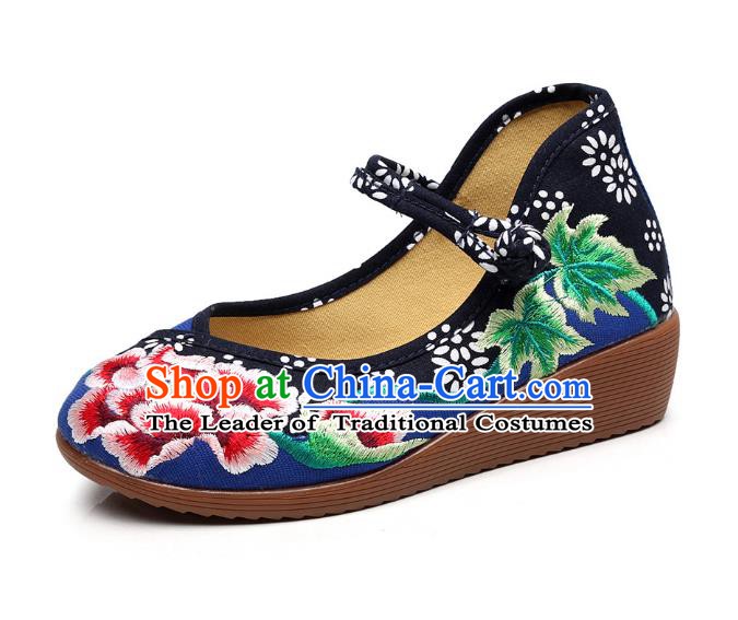 Traditional Chinese National Hanfu Blue Embroidered Shoes, China Princess Embroidery Peony Shoes for Women