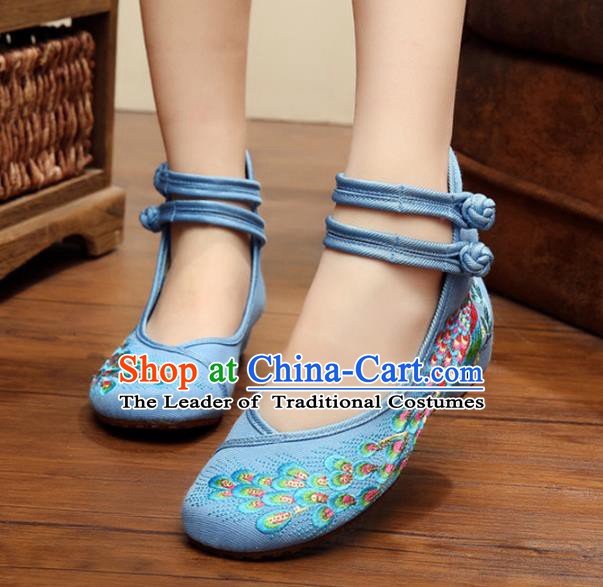 Traditional Chinese National Hanfu Thin Shoes Blue Embroidered Shoes, China Princess Embroidery Peacock Shoes for Women