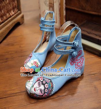 Traditional Chinese National Hanfu Shoes Blue Canvas Embroidered Shoes, China Princess Embroidery Shoes for Women