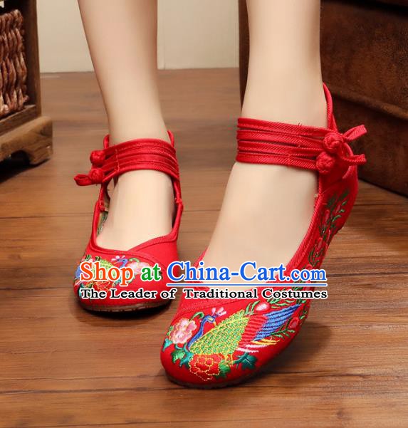 Traditional Chinese National Red Embroidered Shoes, China Princess Embroidery Phoenix Peony Shoes for Women