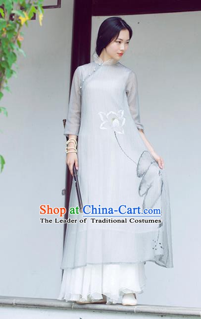 Traditional Chinese National Costume Hanfu Ink Painting Lotus Grey Qipao Dress, China Tang Suit Cheongsam for Women