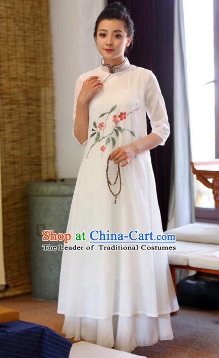 Traditional Chinese National Costume Hanfu Painting Flowers White Linen Qipao Dress, China Tang Suit Cheongsam for Women