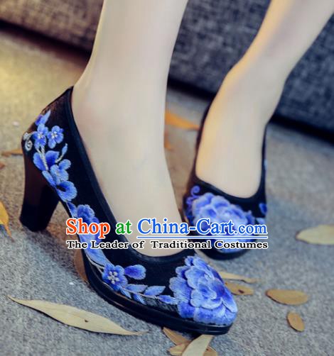 Traditional Chinese National Hanfu Black Embroidered Shoes, China Princess Embroidery Peony High-heeled Shoes for Women