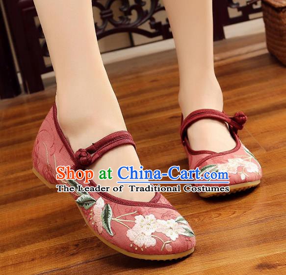 Traditional Chinese National Hanfu Embroidery Begonia Red Shoes, China Princess Embroidered Shoes for Women