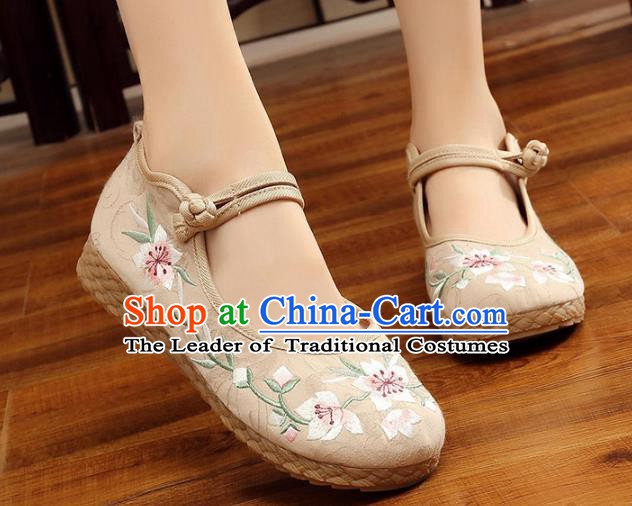 Traditional Chinese National Hanfu Embroidery Peach Blossom White Shoes, China Princess Embroidered Shoes for Women