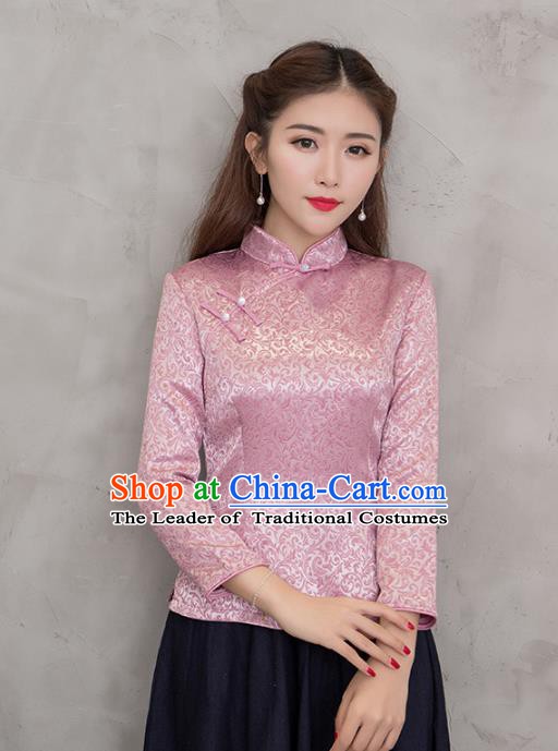 Traditional Chinese National Costume Hanfu Pink Satin Blouse, China Tang Suit Cheongsam Upper Outer Garment Shirt for Women