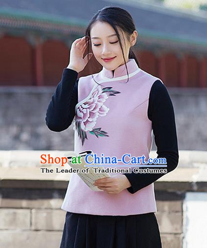 Traditional Chinese National Costume Hanfu Painting Peony Woolen Vests, China Tang Suit Waistcoat for Women