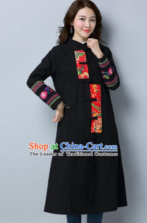 Traditional Chinese National Costume Hanfu Embroidered Black Coat, China Tang Suit Outer Garment Dust Coat for Women