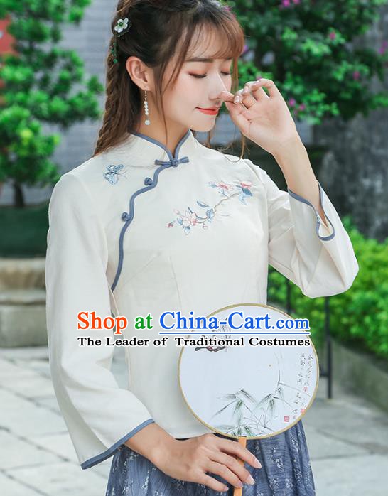 Traditional Chinese National Costume Hanfu Embroidery White Blouse, China Tang Suit Cheongsam Upper Outer Garment Shirt for Women
