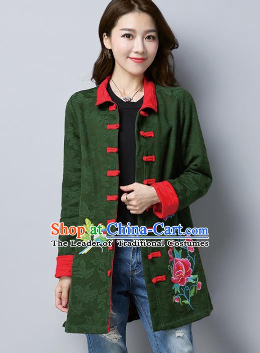 Traditional Chinese National Costume Hanfu Plated Buttons Green Embroidered Coats, China Tang Suit Coat for Women