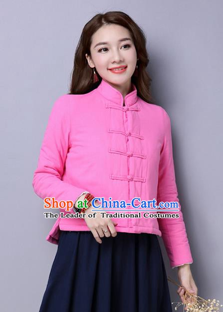 Traditional Chinese National Costume Hanfu Rosy Cotton-padded Jacket, China Tang Suit Coat for Women