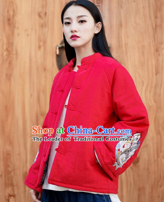 Traditional Chinese National Costume Hanfu Embroidered Red Cotton-padded Jacket, China Tang Suit Red Coat for Women