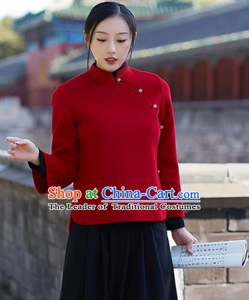 Traditional Chinese National Costume Hanfu Red Woolen Blouse, China Tang Suit Cheongsam Upper Outer Garment Shirt for Women