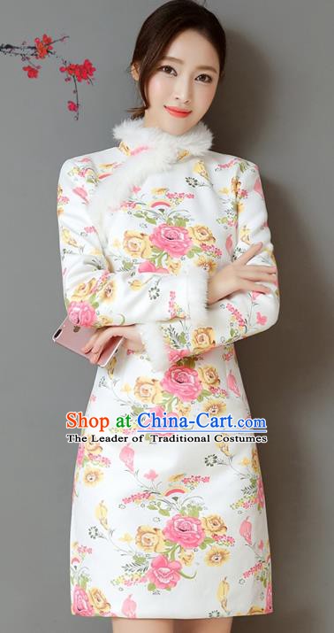 Traditional Chinese National Costume Hanfu Printing Rose Qipao Dress, China Tang Suit Cheongsam for Women