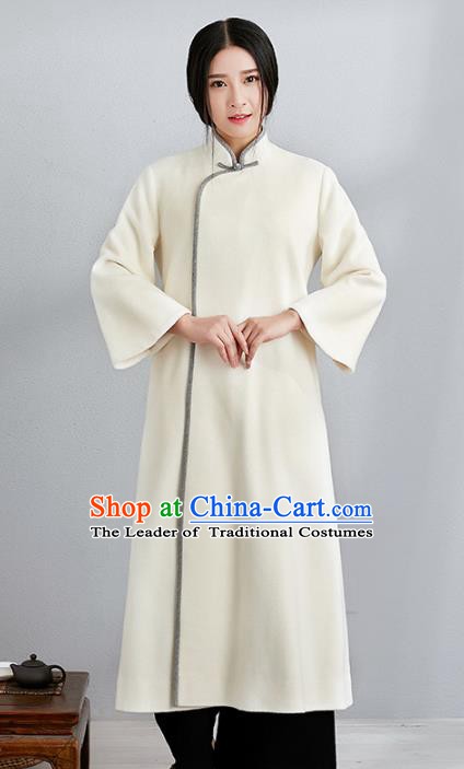 Traditional Chinese National Costume Hanfu White Woolen Dust Coat, China Tang Suit Cheongsam Coats for Women