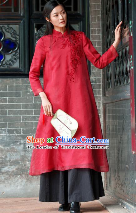 Traditional Chinese National Costume Hanfu Red Linen Embroidered Qipao, China Tang Suit Cheongsam Dress for Women