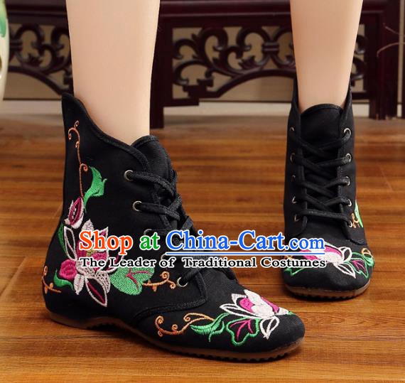 Traditional Chinese National Hanfu Embroidery Flowers Black Shoes, China Ancient Embroidered Shoes for Women