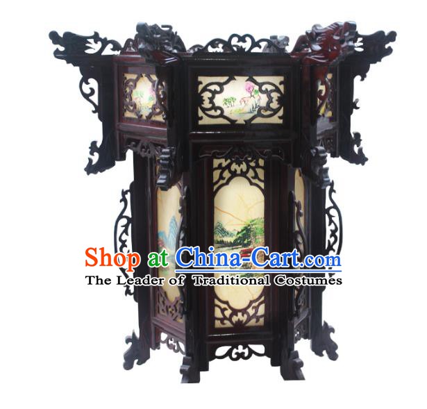 Traditional Chinese Handmade Printing Grass Hexagon Lantern Classical Palace Lantern China Wood Carving Ceiling Palace Lamp