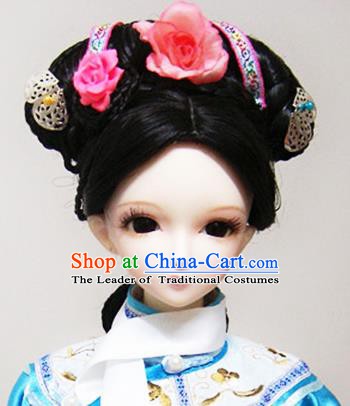 Traditional Handmade Chinese Ancient Qing Dynasty Manchu Princess Hair Accessories Hairpins and Wig Complete Set for Women
