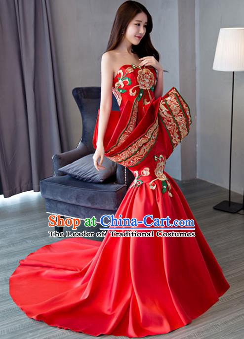 Chinese Style Wedding Catwalks Costume Wedding Trailing Red Full Dress Compere Embroidered Cheongsam for Women