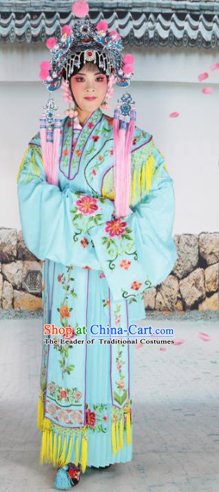 Chinese Beijing Opera Princess Blue Embroidered Costume, China Peking Opera Actress Embroidery Clothing