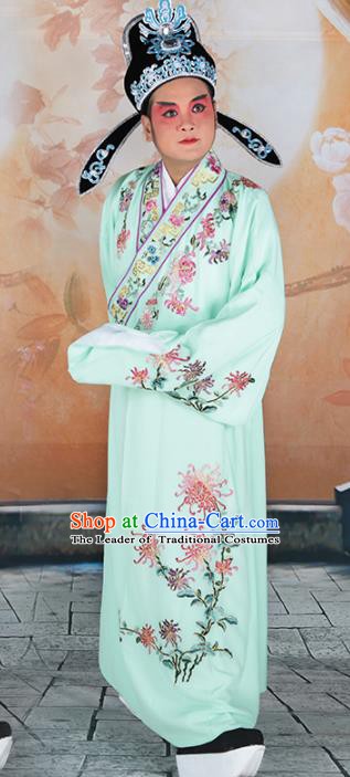 Chinese Beijing Opera Niche Costume Green Embroidered Robe, China Peking Opera Scholar Embroidery Chrysanthemum Clothing
