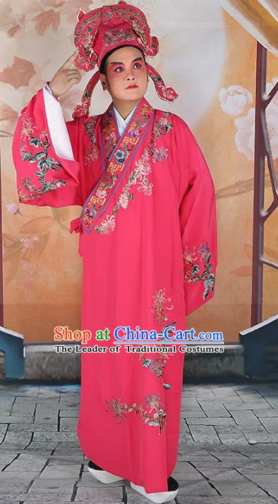 Chinese Beijing Opera Niche Costume Peach Pink Embroidered Robe, China Peking Opera Scholar Embroidery Chrysanthemum Clothing