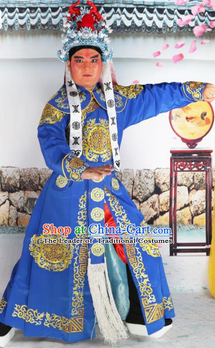 Chinese Beijing Opera Takefu Costume Blue Embroidered Robe, China Peking Opera Imperial Bodyguard Embroidery Clothing