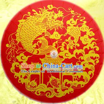 Handmade China Traditional Dance Painting Dragon Carp Wedding Red Umbrella Oil-paper Umbrella Stage Performance Props Umbrellas