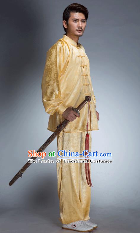 Top Grade Chinese Kung Fu Costume, China Martial Arts Tai Ji Training Yellow Uniform Gongfu Shaolin Wushu Clothing for Men
