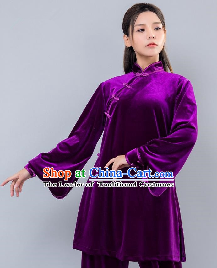 Top Grade Chinese Kung Fu Purple Velvet Costume China Martial Arts Training Uniform Tai Ji Wushu Clothing for Women