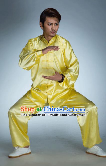 Top Grade Chinese Kung Fu Yellow Costume, China Martial Arts Tai Ji Training Uniform Gongfu Clothing for Men