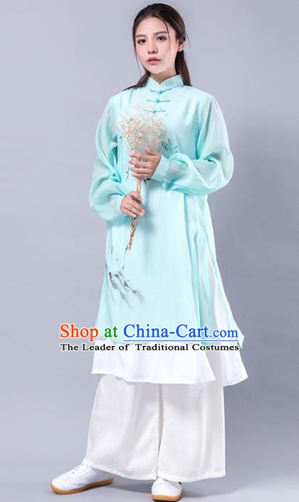 Top Grade Chinese Kung Fu Costume Martial Arts Uniform, China Tai Ji Wushu Plated Buttons Green Robe Clothing for Women