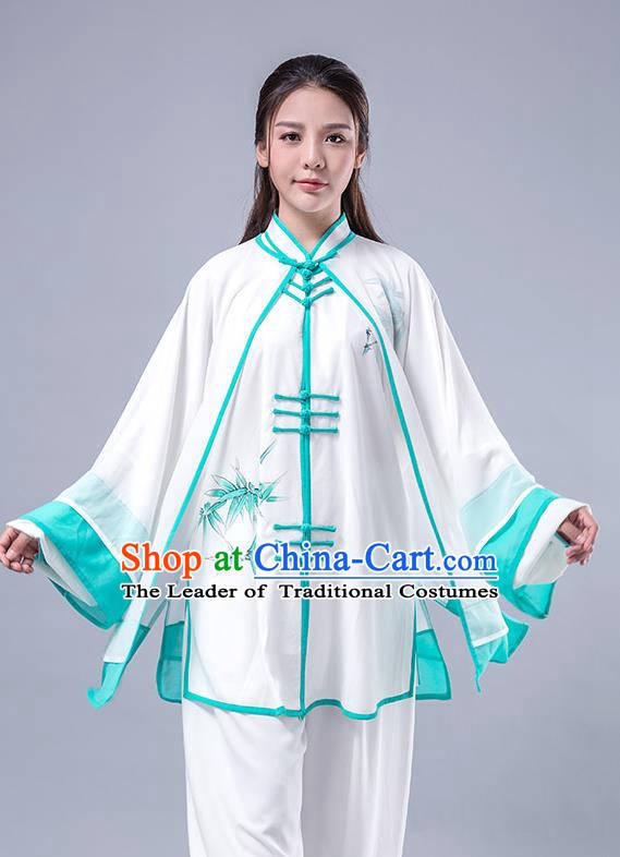 Top Grade Chinese Kung Fu Costume Martial Arts Printing Bamboo Green Uniform, China Tai Ji Wushu Plated Buttons Clothing for Women