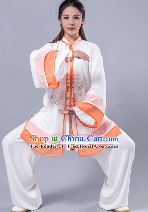 Top Grade Chinese Kung Fu Costume Martial Arts Printing Wintersweet Orange Uniform, China Tai Ji Wushu Plated Buttons Clothing for Women