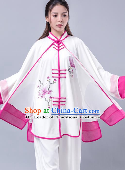 Top Grade Chinese Kung Fu Costume Martial Arts Printing Magnolia Rosy Uniform, China Tai Ji Wushu Plated Buttons Clothing for Women