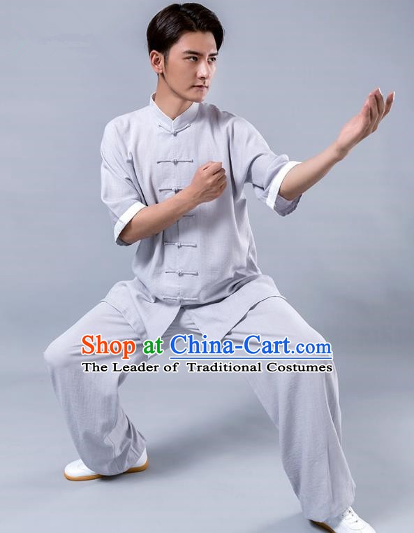 Top Grade Chinese Kung Fu Costume Tai Ji Training Grey Linen Uniform, China Martial Arts Tang Suit Gongfu Clothing for Men