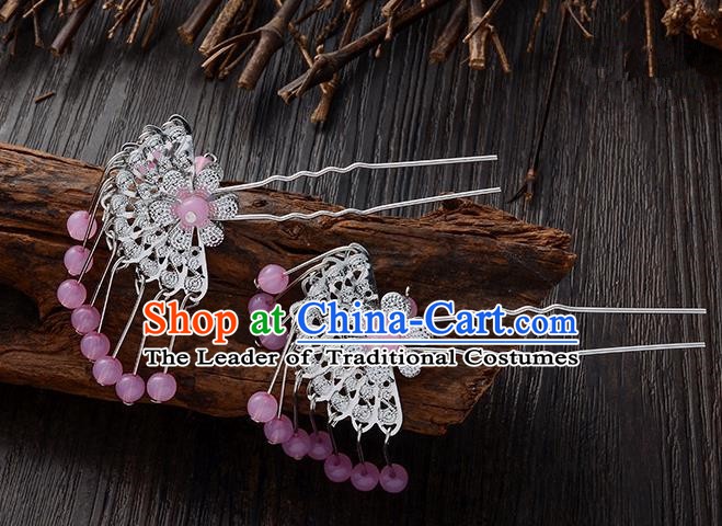 Handmade Asian Chinese Classical Hair Accessories Ancient Pink Beads Tassel Hairpins Headwear for Women