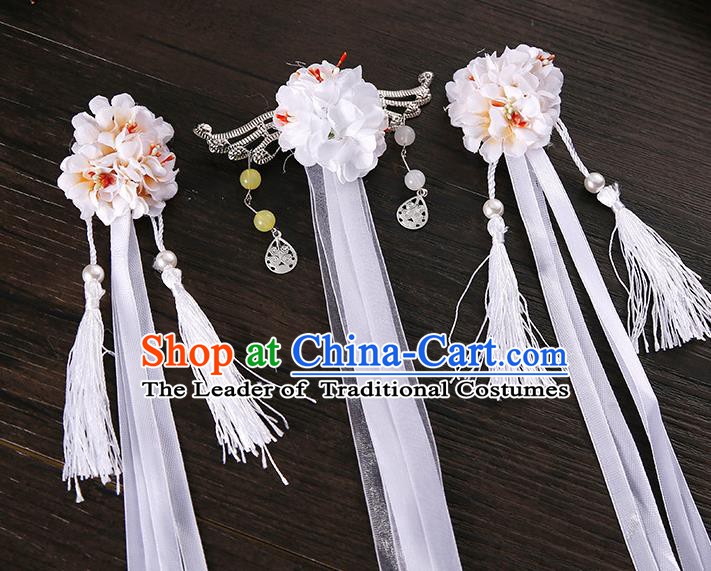 Handmade Asian Chinese Classical Hair Accessories Ancient White Silk Flower Hairpins Headwear for Women