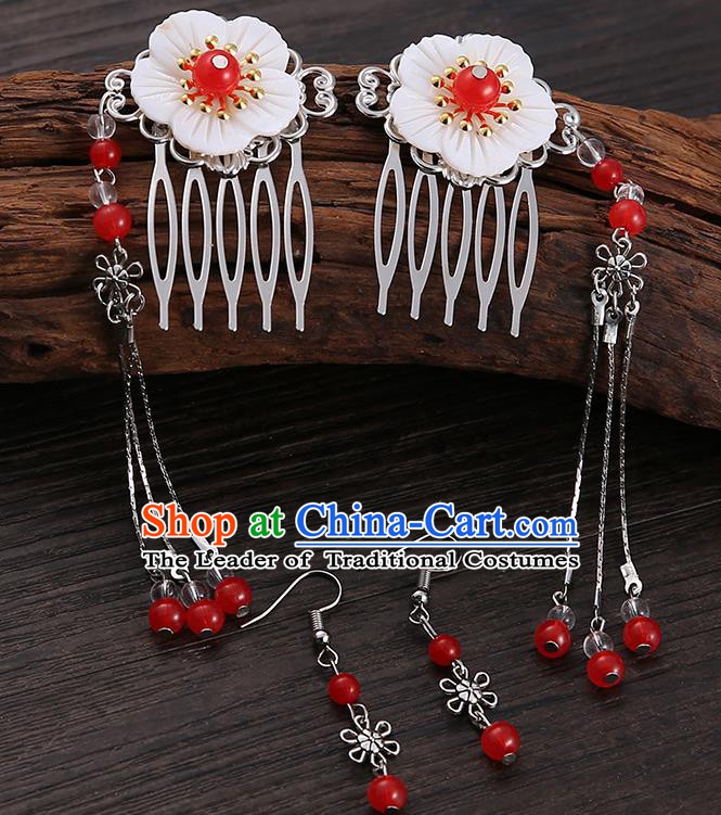 Handmade Asian Chinese Classical Hair Accessories Shell Hair Stick Hairpins and Red Beads Earrings for Women