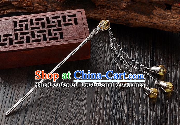 Handmade Asian Chinese Classical Hair Accessories Yellow Crystal Beads Tassel Hairpins Hanfu Step Shake for Women