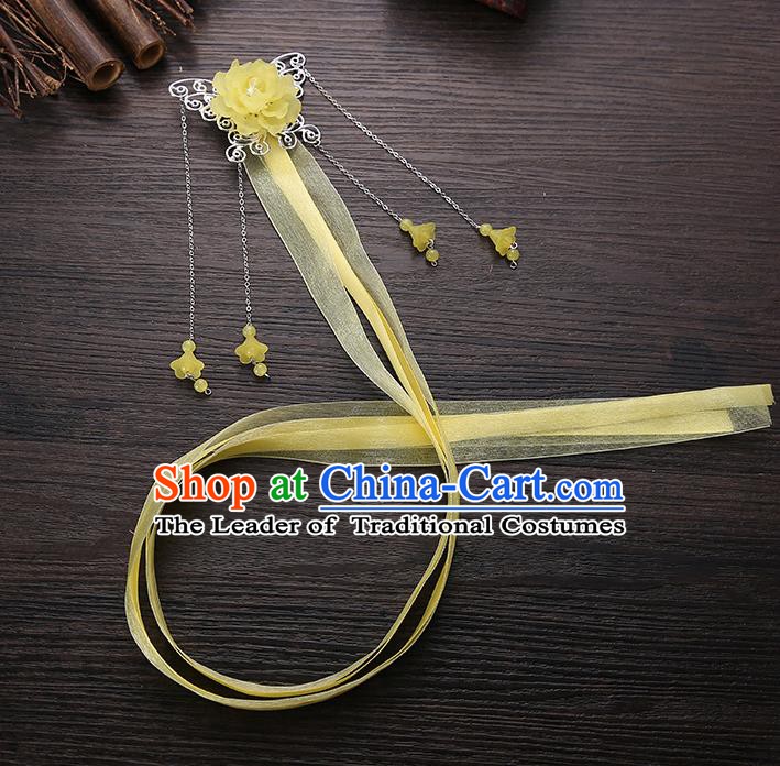 Handmade Asian Chinese Classical Hair Accessories Yellow Ribbon Butterfly Hairpins Hanfu Hair Stick for Women