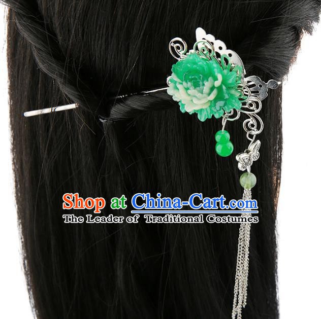 Asian Chinese Handmade Palace Lady Classical Hair Accessories Green Flower Tassel Hairpins for Women